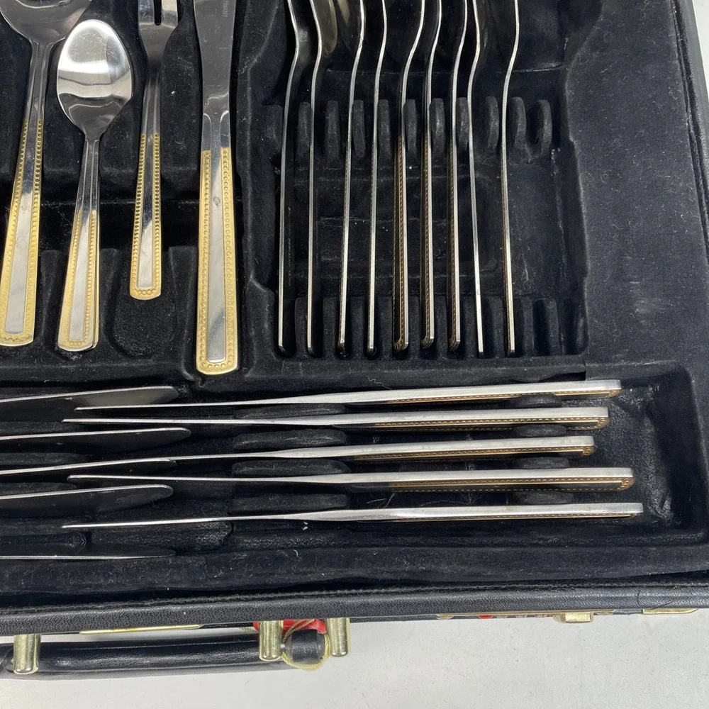 Solingen Germany 18/10 Stainless Gold Trim Flatware 66 Piece‎ Set with Case